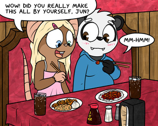 anthro blush booth chinese_food chopsticks clothed clothing date female food fur hair heterochromia inside male male/female restaurant young pokefound da_silva brook_(pink) jun_(pokefound) bear giant_panda mammal mouse murid murine rodent 5:4 hi_res