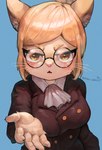 :< amber_eyes anthro blonde_hair blue_background breasts button_(fastener) cheek_tuft claws eyewear facial_tuft female finger_claws formal_wear frilly fur gesture glasses hair inner_ear_fluff looking_at_viewer open_mouth ponytail pupils reaching_towards_viewer simple_background slit_pupils solo suit_jacket text tuft twitter_handle whiskers white_body white_fur peppergecko72 hitoner miss_tonerico domestic_cat felid feline felis mammal absurd_res artist_name english_text hi_res signature