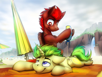 beach detailed_background duo feathered_wings feathers feral horn male outside seaside sky smile summer sun water wings ralek hasbro my_little_pony mythology fan_character equid equine mammal mythological_creature mythological_equine pegasus unicorn 2015 digital_media_(artwork) hi_res