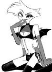 4_arms anthro bulge chest_tuft clothed clothing devil_costume do_not_distribute fake_wings femboy looking_at_viewer male multi_arm multi_limb navel slim_anthro slim_male solo tongue tongue_out tuft enaic31 hazbin_hotel angel_dust arachnid arthropod demon spider absurd_res hi_res monochrome