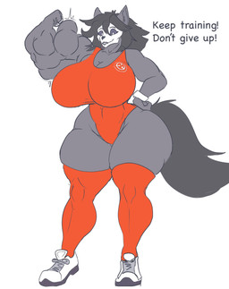 anthro big_breasts big_butt big_muscles black_body black_fur black_hair bone breasts butt clothing female flexing footwear fur hair huge_breasts huge_butt huge_muscles huge_thighs legwear long_hair long_tail muscular muscular_anthro muscular_arms muscular_female orange_clothing orange_legwear orange_shirt orange_thigh_highs orange_topwear shirt shoes skull skull_head solo tail text thick_thighs thigh_highs topwear white_clothing white_footwear white_shoes oleanderin scp_foundation scp-1471-a canid canine malo mammal english_text hi_res