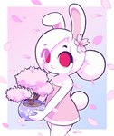 anthro big_eyes cherry_tree clothing dress female flower fruit_tree fur hair leaf pink_clothing pink_dress plant plant_pot ponytail pupils red_pupils smile solo strapless_clothing strapless_dress tree white_body white_fur starbirbz carrots_(starbirbz) lagomorph leporid mammal rabbit hi_res