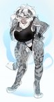 anthro big_breasts blue_eyes breasts clothed clothing female fur grey_body grey_fur hair markings simple_background solo spots spotted_body spotted_fur tail white_body white_fur white_hair kyuuoku felid mammal pantherine snow_leopard absurd_res hi_res