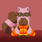 anthro breasts clothing female legwear simple_background sitting solo stockings skellyroon poppy_(skellyroon) mammal procyonid raccoon 1:1 hi_res