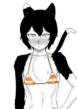 bikini blush bodily_fluids clothed clothed_female clothed_humanoid clothing collarbone female female_humanoid flat_chested front_view fur gold_bikini hair hand_on_hip hand_on_own_hip looking_down looking_down_at_self mouth_closed multicolored_body multicolored_fur pupils short_hair solo sweat sweaty_arms sweaty_chest sweaty_face swimwear tail two-piece_swimsuit two_tone_body two_tone_fur two_tone_tail kaiman_800 delicious_in_dungeon izutsumi_(delicious_in_dungeon) animal_humanoid cat_humanoid felid felid_humanoid feline feline_humanoid humanoid mammal mammal_humanoid 2025 absurd_res half-length_portrait hi_res portrait spot_color