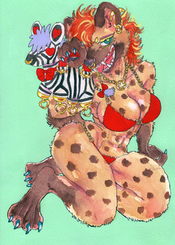 4_toes anthro big_breasts bikini biped blue_eyes bra breasts brown_body brown_fur claws cleavage clothed clothing colored_nails ear_piercing ear_ring eyebrow_piercing eyebrow_ring facial_piercing feet female fingers fur green_background green_eyes hair heart_symbol holding_object jewelry kneeling looking_at_viewer markings multicolored_hair muscular nails navel navel_piercing necklace nose_piercing nose_ring open_mouth open_smile orange_hair pawpads piercing red_clothing red_hair ring_piercing septum_piercing septum_ring sharp_teeth simple_background smile solo spots spotted_body spotted_fur swimwear tail teeth toe_claws toes tongue tuft two-piece_swimsuit underwear kyokyota hyena mammal spotted_hyena 2024 absurd_res hi_res painting_(artwork) traditional_media_(artwork) watercolor_(artwork)
