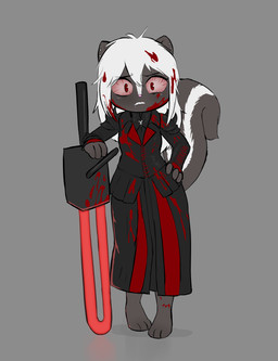 anthro barefoot black_body blood blood_on_clothing blood_on_face blood_on_foot blood_on_hair blood_on_leg bloodshot_eyes bodily_fluids chainsaw chainsaw_sword clothing drooling ear_piercing ear_stud fancy_clothing feet female fluffy fluffy_tail hair hand_on_hip jewelry necklace piercing plasma_sword power_tool red_eyes royalty saliva saliva_on_face science_fiction shoulder_pads solo spiked_shoulder_pads spikes tail teeth tools white_body white_hair e254e skunkette mammal mephitid skunk absurd_res hi_res