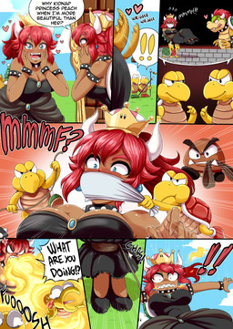 2_horns alternate_species anthro bdsm big_breasts black_clothing black_dress black_footwear black_shoes blue_eyes blush bondage bound bracelet breasts breath_powers brown_body captured cloth_gag clothing collar crossgender crown dialogue dress elemental_manipulation female fire fire_breathing fire_manipulation footwear gag gagged group hair headgear high_heels horn jewelry legs_tied male melee_weapon mtf_crossgender polearm red_hair restraints rope rope_bondage shoes spear speech_bubble spiked_bracelet spiked_collar spikes super_crown tail tail_motion tailwag text weapon yellow_body castagno bowsette_meme mario_bros nintendo bowser animal_humanoid goomba humanoid koopa koopa_humanoid koopa_troopa scalie scalie_humanoid 2023 comic english_text hi_res meme