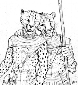 anthro clothed clothing dagger duo fangs male melee_weapon one_eye_closed polearm smile spear teeth tongue tongue_out topless weapon whiskers wink conditional_dnp titusw lue'maar_(titusw) cheetah felid feline mammal greyscale monochrome