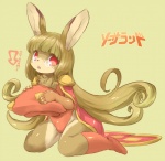 brown_body brown_fur brown_hair bulge femboy fur hair looking_at_viewer male open_mouth red_eyes solo text yoona sorcerland rabina_(sorcerland) lagomorph leporid mammal rabbit japanese_text translated