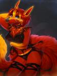 anthro black_nose blue_eyes bra breasts clothing female fur hair legband lingerie midriff multi_tail navel panties red_body red_fur red_hair smile solo tail thighband underwear vexstacy molly_fullin canid canine dreamspinner fox mammal 2017 3:4 digital_media_(artwork) hi_res