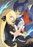 5_fingers blonde_hair duo female fingers grey_eyes hair hair_over_eye open_mouth pokemon_champion sharp_teeth teeth yellow_eyes setoka_amakusa nintendo pokemon cynthia_(pokemon) garchomp generation_4_pokemon human mammal pokemon_(species) scalie absurd_res hi_res