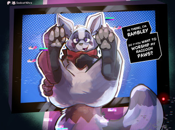 anthro bedroom_eyes crt_effect featureless_crotch feet foot_fetish foot_focus gesture looking_at_viewer male narrowed_eyes null open_mouth open_smile painting pawpads paws purple_body purple_eyes scarf seductive smile soles solo suggestive suggestive_dialogue suggestive_gesture suggestive_look suggestive_pose teasing text through_screen conditional_dnp sadcat16hrz indigo_park patreon rambley_raccoon mammal procyonid raccoon absurd_res hi_res huge_filesize monochrome painting_(artwork) url adult_(lore)