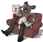 anthro blue_eyes bottomwear brown_body brown_fur butt clothing container cup drinking duo footwear fur furniture green_eyes holding_container holding_cup holding_object male male/male on_sofa pants sitting sitting_on_sofa socks sofa tail tan_body tan_fur topwear rusjerry aggretsuko sanrio anai_(aggretsuko) haida_(aggretsuko) badger hyena japanese_badger mammal meles mustelid musteline spotted_hyena 2024 hi_res