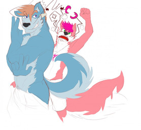 angry anthro barazoku blue_body blue_fur body_hair bottomwear clothing duo fur happy_trail horn male markings muscular muscular_anthro muscular_male orange_body pincers pink_body pink_fur presenting purple_body smile smug towel whiskers white_body white_fur zordykeaboo keaboo zordy canid canine canis domestic_dog hybrid mammal