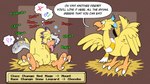 beak claws dialogue feathered_wings feathers feet ftm_transformation gameplay_mechanics gender_transformation mental_shift mental_transformation mid_transformation orange_beak orange_talons speech_bubble talons toe_claws toes transformation wings yellow_body trevor-fox final_fantasy square_enix erakir_(character) avian chocobo