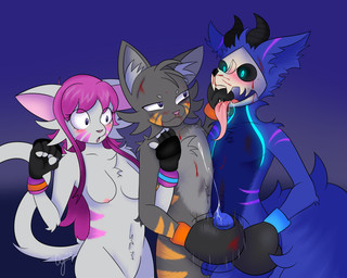 animal_genitalia animal_penis anthro bioluminescence bisexual blood blue_body blue_eyes blue_fur blush bodily_fluids bone boxing_gloves breasts bruised canine_genitalia canine_penis clothing cum cum_on_penis ejaculation female finger_in_mouth fish_hooking fur genital_fluids genitals gloves glowing glowing_eyes grey_body grey_fur group hair handjob handwear horn long_hair long_tongue male male/female male/male nipples nude orange_body orange_fur orange_stripes penile penis pink_body pink_fur pink_hair purple_eyes purple_stripes saliva sex shocked skull skull_head stripes stroking_penis tongue tongue_out trio white_body white_fur cybeeyoru lucky_(cybeeyoru) rosetta_(cybeeyoru) canid canine domestic_cat felid feline felis fox mammal 5:4 character_request hi_res brother_(lore) brother_and_sister_(lore) sibling_(lore) sister_(lore)