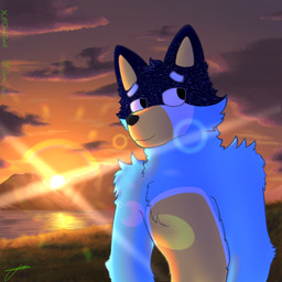 anthro looking_away male solo sun demi_owo bluey_(series) bandit_heeler australian_cattle_dog canid canine canis cattledog domestic_dog herding_dog mammal pastoral_dog 1:1 hi_res