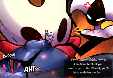anthro big_breasts black_body blush breasts duo extreme_size_difference female female/female macro micro nipples profanity size_difference text white_body nauartn hollow_knight:_silksong hollow_knight_(franchise) team_cherry hornet_(hollow_knight) lace_(hollow_knight:_silksong) arthropod mammal 2025 english_text hi_res