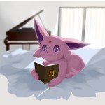 ambiguous_gender bed book door feral forked_tail fur furniture inside keyboard_instrument long_ears looking_at_viewer musical_instrument piano pink_body pink_fur purple_eyes smile tail unusual_anatomy unusual_tail xiwomo nintendo pokemon eeveelution espeon generation_2_pokemon pokemon_(species) 1:1 hi_res