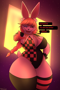 anthro big_breasts breasts clothed clothing curvy_figure dialogue eyeshadow facial_markings female gesture hair hand_gesture head_markings laughing_at_viewer legwear makeup markings pointing pointing_at_viewer red_hair simple_background solo text thick_thighs wide_hips photolol.03 in_heat_(game) poppi_(in_heat) lagomorph leporid mammal rabbit hi_res