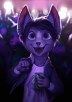 2022 5_fingers anthro blurred_background canid canine clothed clothing digital_media_(artwork) ear_piercing ear_ring facial_piercing fingers fur group hair hi_res male mammal nose_piercing nose_ring open_mouth piercing ring_piercing smile solo_focus teeth tongue wayn_animation