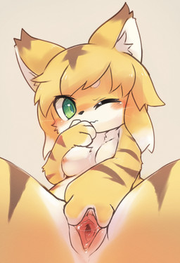 4_fingers anthro black_nose blonde_hair blush bodily_fluids breasts brown_ears brown_hair brown_stripes circle_eyebrows clitoral_hood clitoris countershading covering covering_mouth covering_own_mouth covering_self eyebrows eyelashes female female_anthro fingers front_view fur genital_fluids genitals green_eyes green_pupils hair hand_on_vulva inner_ear_fluff iris kemono leg_markings loli looking_at_viewer markings medium_breasts multicolored_body multicolored_ears multicolored_fur multicolored_hair nipples nude one_eye_closed pink_nipples pink_vulva pupils simple_background sitting socks_(marking) solo spread_legs spread_vulva spreading striped_body striped_fur stripes tan_background tuft two_tone_body two_tone_ears two_tone_fur vaginal_fluids vulva whiskers white_body white_countershading white_eyebrows white_fur white_hair white_inner_ear yellow_body yellow_ears yellow_fur young rag._(artist) cygames world_flipper mia_(world_flipper) domestic_cat felid feline felis mammal pantherine tiger half-length_portrait hi_res portrait