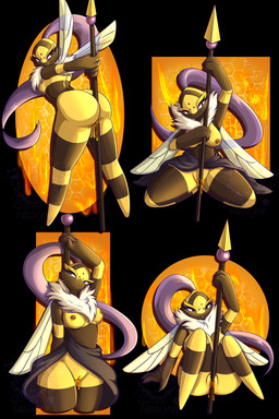 1_toe 3_fingers anthro areola big_butt big_hands black_body bodily_fluids bottomwear bottomwear_pull breasts butt butt_grab clothed clothing clothing_lift clothing_pull dancing dripping dripping_vulva exposed_breasts eyebrows eyelashes featureless_legs female fingers flying food friction fur guard hair hand_on_butt head_markings hive hives holding_melee_weapon holding_object holding_polearm holding_spear holding_weapon honey_(food) honeycomb insect_wings leaking leaking_nipples leaking_vagina long_eyelashes long_hair looking_at_another looking_at_viewer looking_back looking_down looking_pleasured looking_up markings melee_weapon multiple_angles nipples non-mammal_breasts non-mammal_nipples palmorph paneling pole pole_dancing polearm ponytail presenting presenting_breasts purple_hair rear_view royalty seductive simple_background sitting skirt skirt_lift skirt_pull small_breasts small_nipples solo spear spread_legs spreading standing text thick_thighs upskirt weapon white_body white_fur wings worker yellow_background yellow_body yellow_eyes tasseya palworld pocketpair arthropod bee beegarde hymenopteran insect pal_(species) 2026 2:3 absurd_res digital_drawing_(artwork) digital_media_(artwork) hi_res signature url watermark young_(lore)
