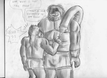 bottomwear clothing dialogue duo fingernails hair imminent_tail_vore imminent_vore interrobang long_tail male male/male muscular nails shorts simple_background size_difference speech_bubble standing tail talking_to_another talking_to_prey teeth what white_background bigbadbear ragor_(bigbadbear) humanoid orc graphite_(artwork) monochrome traditional_media_(artwork)