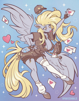 abstract_background anthro anthrofied blonde_hair breasts cleavage clothed clothing collared_shirt cutie_mark delivery_(commerce) delivery_employee envelope female fingerless_gloves flying furgonomics garter_straps gloves grey_body hair handwear hip_cutout legwear long_hair messenger_bag postal_carrier postal_delivery postal_uniform shirt solo thigh_highs tongue tongue_out topwear wardrobe_malfunction wings yellow_eyes spookieghoulie friendship_is_magic hasbro my_little_pony mythology derpy_hooves_(mlp) equid equine mammal mythological_creature mythological_equine pegasus digital_media_(artwork) hi_res