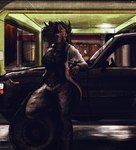 anthro assault_rifle big_breasts black_car black_clothing black_hair black_shirt black_topwear bottomwear breasts building car cigar cigar_smoke clothed clothing ear_piercing ear_ring female gun hair holding_gun holding_object holding_ranged_weapon holding_weapon hoop_ear_ring jacket leaning_on_car leaning_on_object leaning_on_vehicle m4a1 pants piercing ranged_weapon rifle ring_piercing shirt smoke smoking smoking_cigar solo tire topwear vehicle weapon wheel white_clothing white_jacket white_topwear wide_hips loki_bagel hyena mammal spotted_hyena