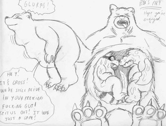 abdominal_bulge angry anthro anthro_pred claws fatal_vore feet forced frown fur group gulp_(sound_effect) inside_stomach internal male male/male multiple_prey open_mouth oral_vore simple_background sitting sleeping smile swallowing teeth tongue tongue_out trio unwilling_prey vore white_background willing_pred bigbadbear mythology big_bad_bear bear dragon mammal mythological_creature mythological_scalie procyonid raccoon scalie graphite_(artwork) monochrome signature traditional_media_(artwork)