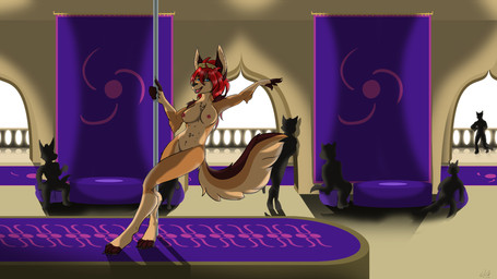 anthro banner black_body black_fur brown_body brown_fur clothing crown dancing ear_piercing ear_ring exposure_variation female front_view fur hair headgear headgear_only headwear headwear_only looking_at_viewer mostly_nude multicolored_body multicolored_fur navel navel_piercing nipples nude piercing pole red_hair ring_piercing silhouette solo stage stripper_pole tongue tongue_piercing two_tone_body two_tone_fur furraleti ayn_(fluff-kevlar) black-backed_jackal canid canine canis jackal mammal 2020 digital_media_(artwork) hi_res