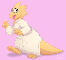 anthro barefoot buckteeth clothed clothing eyewear feet female fully_clothed gesture glasses hand_gesture looking_at_viewer nervous open_mouth pointing scales side_view simple_background solo tail teeth thick_tail walking yellow_body yellow_scales thecrazyraccoon undertale undertale_(series) alphys lizard reptile scalie hi_res watermark