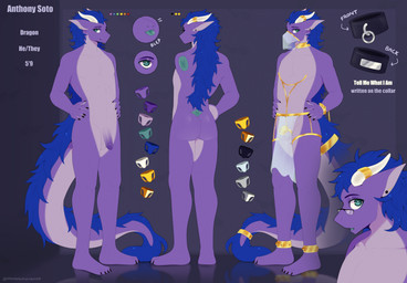 anklet anthro blep blue_hair chain chastity_cage chastity_device collar ear_piercing ear_stud flaccid genitals gold_(metal) gold_chastity_cage gold_chastity_device green_eyes green_insides hair hands_on_hips horn humanoid_genitalia humanoid_penis jewelry lgbt_pride male metal_chastity_cage nipple_piercing nipples penis piercing pride_colors purple_body rainbow_pride_colors solid_chastity_cage solo standing text tongue tongue_out wearing_chastity_cage wearing_chastity_device monokurome mythology anthony_soto dragon mythological_creature mythological_scalie scalie 2023 digital_drawing_(artwork) digital_media_(artwork) english_description english_text hi_res model_sheet story story_in_description nonbinary_(lore)