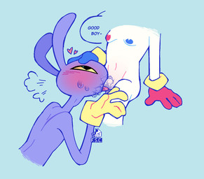 anthro areola biped bodily_fluids breasts clothing duo female genitals gloves good_boy handwear intersex male nipples nude purple_body tail text vulva white_body yellow_sclera fsc glitch_productions the_amazing_digital_circus jax_(tadc) pomni_(tadc) human humanoid lagomorph leporid mammal rabbit english_text hi_res