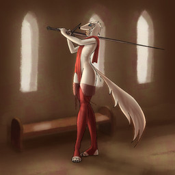 blue_eyes clothing femboy interior_background legwear male melee_weapon solo sword thigh_highs weapon iziks borzoi canid canine canis domestic_dog hunting_dog mammal sighthound 1:1 hi_res