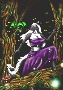 alternative_fashion anthro blue_eyes bottomwear breasts cleavage clothed clothing dark duo_focus escape female fluffy fluffy_tail goth group hair magic magic_user midriff mysterious navel night nipple_outline red_nose running scared skirt tail text topwear tube_top white_hair year tristor twillight_(twillightskunk) mammal mephitid monster skunk 2013 artist_name hi_res herm_(lore)