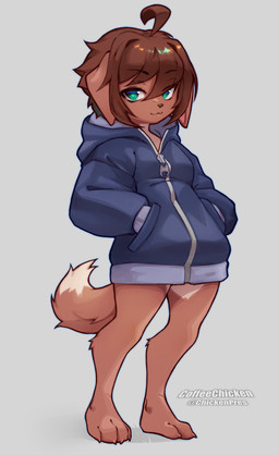 4_toes :3 ahoge anthro barefoot biped black_eyebrows blue_clothing blue_hoodie blue_topwear breasts brown_body brown_claws brown_fur brown_hair brown_nose brown_tail claws closed_smile clothed clothed_anthro clothed_female clothing countershade_fur countershade_legs countershade_neck countershade_torso countershading dipstick_tail eyebrow_through_hair eyebrows feet female female_anthro floppy_ears front_view fur grey_background hair hands_in_both_pockets hoodie iris looking_at_viewer markings monotone_hair mouth_closed multicolored_body multicolored_fur plantigrade pockets pupils short_hair simple_background slit_pupils smile smiling_at_viewer solo standing tail tail_markings teal_eyes teal_pupils text toe_claws toes topwear translucent translucent_hair two_tone_body two_tone_fur white_body white_countershading white_fur white_markings white_tail_tip coffeechicken kess_(coffeechicken) canid canine canis domestic_dog mammal 2025 artist_name digital_drawing_(artwork) digital_media_(artwork) full-length_portrait hi_res portrait
