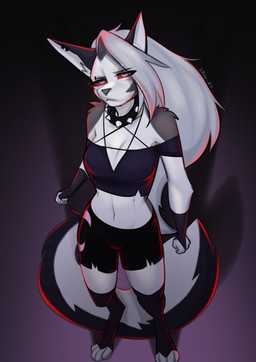 4_toes 5_fingers anthro armwear big_tail biped black_armwear black_bottomwear black_bridal_gauntlets black_clothing black_collar black_ears black_eyebrows black_shorts black_tail blush blush_lines bottomwear breasts bridal_gauntlets clothed clothed_anthro clothed_female clothing collar ear_piercing ear_ring eye_through_hair eyebrow_piercing eyebrow_ring eyebrow_through_hair eyebrows eyelashes eyelashes_through_hair facial_piercing feet female female_anthro fingers footwear fully_clothed fully_clothed_anthro fully_clothed_female fur glistening glistening_eyes grey_body grey_fur grey_hair grey_nose hair high-angle_view looking_at_viewer midriff mouth_closed multicolored_body multicolored_fur multicolored_tail navel off_shoulder piercing pointy_ears prick_ears print_bottomwear print_clothing print_shorts pupils purple_clothing purple_shirt purple_topwear red_sclera ring_piercing shirt shorts simple_background slit_pupils socks solo spiked_collar spikes standing tail text toeless_footwear toeless_socks toes topwear translucent translucent_hair white_body white_eyes white_fur white_tail synnfultiger hellaverse helluva_boss mythology loona_(helluva_boss) canid canid_demon canine demon hellhound mammal mythological_canine mythological_creature 2026 absurd_res artist_name digital_drawing_(artwork) digital_media_(artwork) hi_res