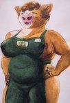 age_difference anthro apron apron_only areola areola_slip belly big_breasts big_butt breasts brown_body brown_hair butt cleavage clothed clothing embarrassed female fingers fur green_apron green_clothing hair hand_on_hip hoof_hands looking_pleasured mature_female mostly_nude multicolored_body multicolored_fur navel_outline nipple_outline nipple_slip older_female open_mouth overweight overweight_anthro purple_eyes simple_background slightly_chubby slightly_chubby_female solo standing thick_thighs two_tone_body two_tone_fur wide_hips ichinoseura i_mean_breast_milk emi_(ichinoseura) bovid bovine cattle mammal absurd_res hi_res meme