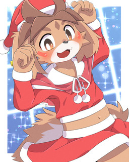 anthro blush bottomwear brown_body brown_fur christmas_clothing christmas_headwear clothed clothing cosmic_background costume crop_top crossdressing crossdressing_male dutch_angle fur hat headgear headwear holidays kemono looking_at_viewer male open_mouth open_smile santa_costume santa_hat shirt skirt smile solo star starry_background topwear young young_anthro young_male kemoizumi christmas gundam gundam_build_divers_re:rise freddie_(gundam_build_divers_re:rise) canid canine canis domestic_dog eldorian mammal 2024 4:5 hi_res japanese_description