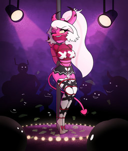 bound breasts chest_harness clothed clothing female group harness horn humiliation kidnapping one_eye_closed pink_body pole rope sex_toy tail vibrator zeecibee hellaverse helluva_boss verosika_mayday demon demon_humanoid humanoid hi_res