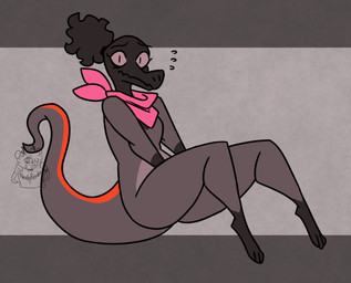 anthro black_body black_scales digitigrade female grey_body grey_scales hair kerchief long_tail neckerchief neckwear orange_body orange_scales pink_kerchief pink_neckerchief ponytail pupils purple_eyes scales slit_pupils solo tail worried_look nerdyreindeer nintendo pokemon spice_(nerdyreindeer) generation_7_pokemon pokemon_(species) salandit