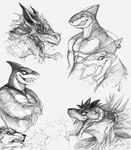 abs anthro bodily_fluids crossed_arms eyes_closed frill_(anatomy) frill_piercing furgonomics furry-specific_piercing glistening glistening_eyes grin male muscular muscular_anthro muscular_male open_mouth pecs piercing saliva saliva_string simple_background smile solo tongue tongue_out crazydrak mythology canid canine dragon fish mammal marine mythological_creature mythological_scalie scalie shark hi_res monochrome sketch sketch_page