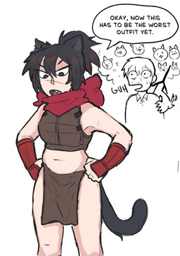 annoyed bodily_fluids bottomwear clothed clothing female group hand_on_shoulder loincloth male midriff romantic romantic_couple scar skimpy sweat tail text thinking thought_bubble japversus darkflame_blade_of_the_demon_king_(japversus) ounce_(japversus) wiss_(japversus) animal_humanoid cat_humanoid felid felid_humanoid feline feline_humanoid human humanoid mammal mammal_humanoid absurd_res english_text hi_res
