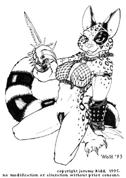 anthro armwear bottomless breasts clothed clothing collar dagger female fishnet_clothing fishnet_topwear genitals jewelry looking_at_viewer markings melee_weapon nipples ring_(marking) ringed_tail solo striped_markings striped_tail stripes tail tail_markings topwear vintage vulva weapon wolfkidd genet mammal viverrid 1995 black_and_white low_res monochrome pen_(artwork) traditional_media_(artwork)