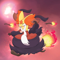 abstract_background ambiguous_gender anthro black_body black_fur brown_body brown_fur fire fur inner_ear_fluff jewelry looking_at_viewer multicolored_body necklace orange_body orange_fur red_eyes solo stick tuft yellow_body yellow_fur razgrizdl nintendo pokemon pokemon_legends_z-a avery_(razgrizdl) canid canine generation_9_pokemon mammal mega_delphox mega_evolution pokemon_(species) 1:1 2025 hi_res signature female_(lore)