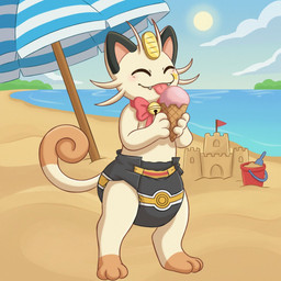 ambiguous_gender anthro beach clean_diaper clothed clothing dessert diaper food ice_cream solo wearing_diaper azzypuppy nintendo pokemon generation_1_pokemon meowth pokemon_(species) 1:1 hi_res