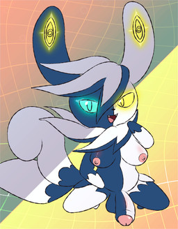 anthro balls bilateral_gynandromorphism breasts fangs foreskin genetic_chimerism genitals glowing glowing_eyes gynomorph herm intersex penis solo teeth mincheeto nintendo pokemon felid generation_9_pokemon mammal mega_evolution mega_meowstic pokemon_(species) hi_res